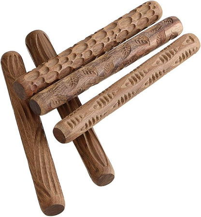 OwnMy Set of 5 Clay Modeling Pattern Rollers Kit, Fish Leaves Cobblestone Ripple Wood Grain Pattern 4.7 in Clay Rolling Pin Textured Hand Roller Wooden Handle Pottery Tools Set