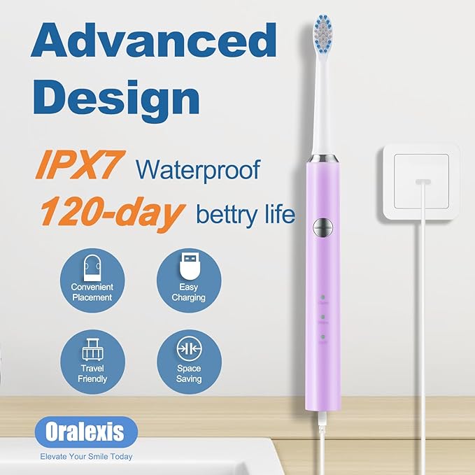 Electric Toothbrush for Adults and Kids, with Tongue Scraper and 8 Brush Heads, One Fast Charge Last 120 Days, 40000 VPM Deep Clean, Sonic Travel Toothbrush - Purple