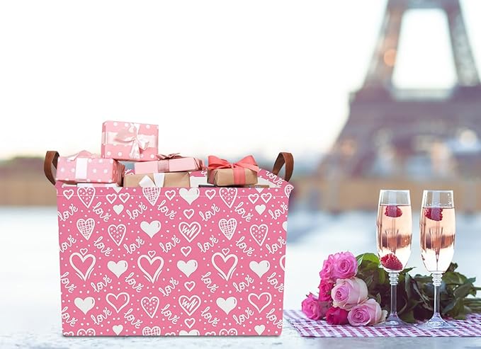 NTAOHAMPER Rectangular Storage Basket Empty,Collapsible Gift Basket with Handles,Heart Print Basket, Books Box,Room Decor(Lovely Heart)
