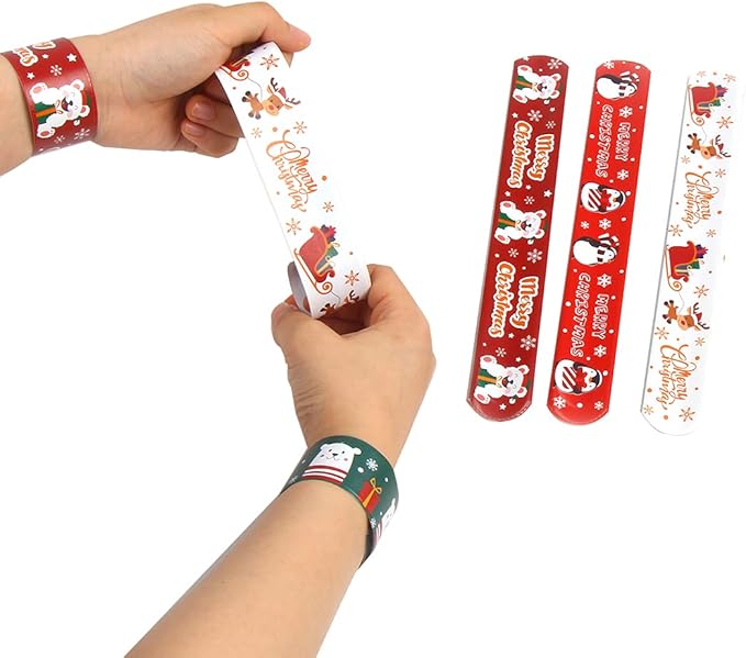 LOMIMOS 48PCS Christmas Slap Bracelets,Xmas Snap Wristbands with Santa Claus Reindeer for Kids Party Favors Little Toys