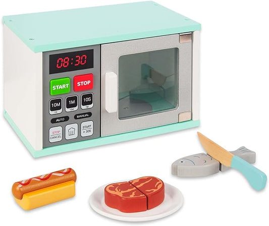 Toddler Play Kitchen Toys, Wooden Microwave Oven with Light and Realistic Sound, Pretend Play Kitchen Accessories, Learning Toy Birthday Gifts for Boys Girls 3-8 Year Old