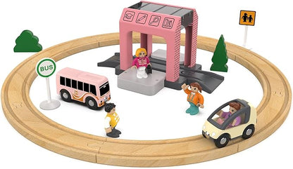 School Bus Station Toy for Wooden Train Track, DIY Extend Station Playset for Railroad Train Track,Preschool Learning Educational Toys for Toddlers Kids Age 3 and up