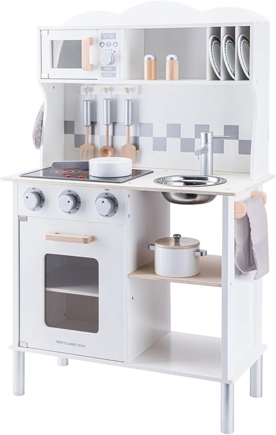 New Classic Toys Wooden Pretend Toy Kitchen for Kids with Role Play Bon Appetit Electric Cooking Included Accesoires Makes Sound, Modern White