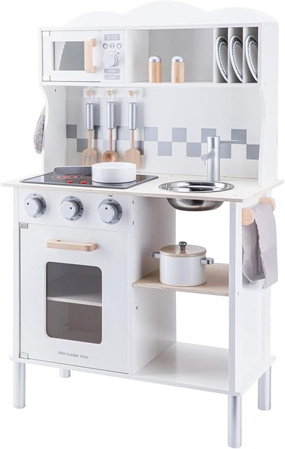 New Classic Toys Wooden Pretend Toy Kitchen for Kids with Role Play Bon Appetit Electric Cooking Included Accesoires Makes Sound, Modern White