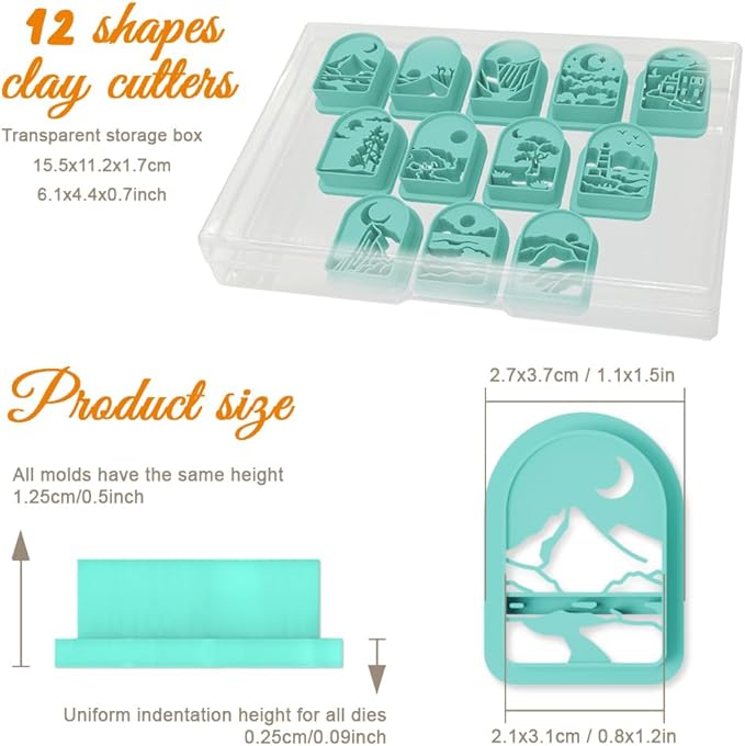 ORIGACH 12 Pcs Mountain Landscape Polymer Clay Cutters,Sun Moon and Scenery Design Clay Cutters for Polymer Clay Jewelry Earrings with a Clear Storage Box