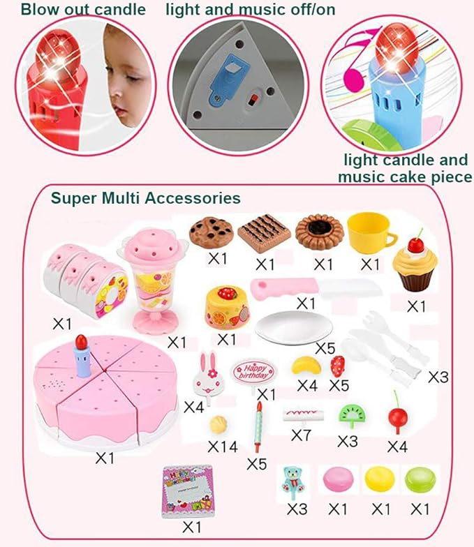 DIY Cutting Birthday Cake Toys, Play Kitchen Food Kids Pretend Play,Light and Music Birthday Cake Toy Kids Girls Gift with Blowable Candle (83PCS with Light,Pink)