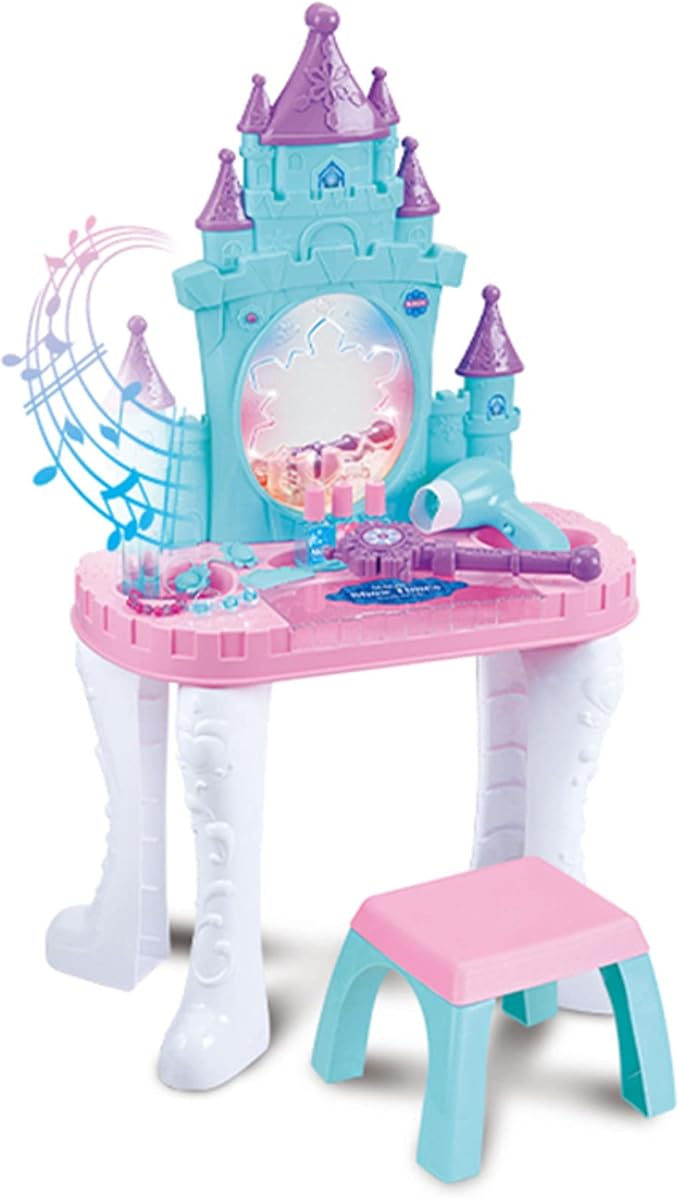 RBN Kids Snow Princess Vanity Beauty Dresser Table Play Set with Lights, Sounds, Chair, Fashion & Makeup Accessories for Kid and Pretend Play