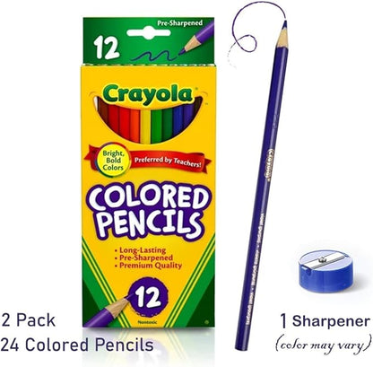 Colored Pencils 12ct 2pk, Assorted Colors, Pre-Sharpened + Bonus Sharpener (Color May Vary) - Vibrant Colors for Art & School Projects