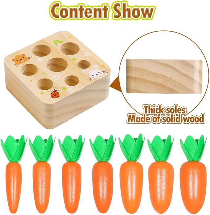 Skrtuan Montessori Toys for Babies 6-12 Months, Wooden Toys for 1 2 3 Year Old Toddlers, Educational Carrot Harvest Shape Sorting Matching Puzzle, Developmental Birthday Gifts for Boys and Girls