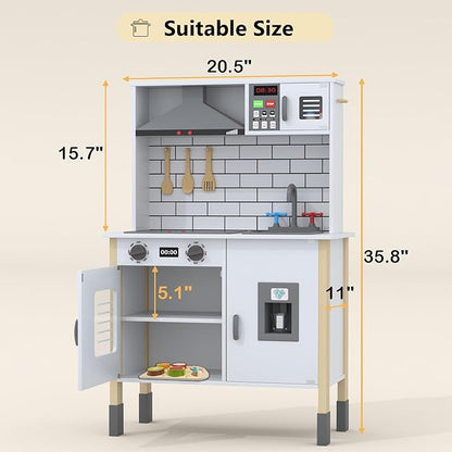 Play Kitchen for Kids, Wooden Kitchen Playset with Fruit Set, Light, Stove, Sink and Accessories, Interactive Toy Kitchen Gift for Boys Girls, White