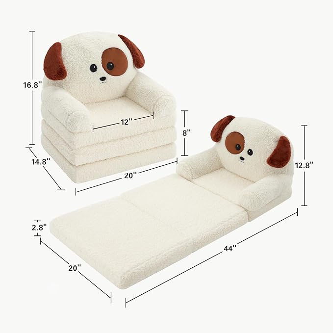 MOONBEEKI Comfy Toddler Chair, Kids Couch Fold Out to Lounger, Foldable Baby Sofa Plush for Girl and Boy Age 18 Months and Up （Charlie Dog）