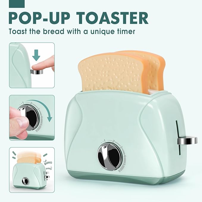 Pretend Play Kitchen Appliances Toy Set with Coffee Maker Machine, Mixer, Toaster, Blender, Kids Kitchen Playset, Play Kitchen Accessories with Sound & Light, Birthday Gifts for Kid Girls Ages 3-5 4-8