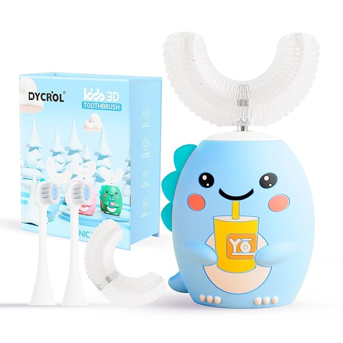 Kids U Shaped Electric Toothbrush with 4 Brush Heads, Sonic Toothbrush Kids with 5 Modes, Cartoon Dinosaur 360-Degree Cleaning IPX7 Waterproof Design (2-6 Age (Blue))