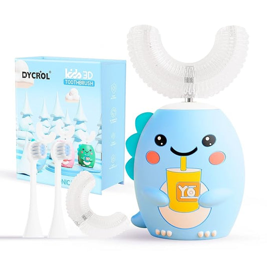 Kids U Shaped Electric Toothbrush with 4 Brush Heads, Sonic Toothbrush Kids with 5 Modes, Cartoon Dinosaur 360-Degree Cleaning IPX7 Waterproof Design (2-6 Age (Blue))