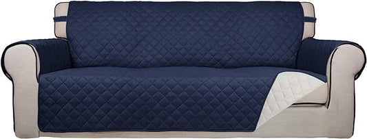PureFit Reversible Quilted Sofa Cover, Water Resistant Slipcover Furniture Protector, Washable Couch Cover with Non Slip and Elastic Straps for Kids, Pets (Oversized Sofa, Navy/Ivory)