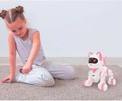 LEXiBOOK, Power Kitty Jr., Remote Control cat to Train, Waddles Like a Real cat, Interactive Eyes, STEM programmable, Rechargeable Battery, Pink/White, KIT01