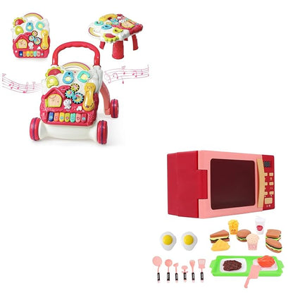 Sit to Stand Baby Walker, Activity Center with Music and Light, Toy Microwave Oven Playset with Light and Sound