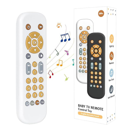 Orzbow Baby Remote Control Toy for 6 Months+ with Music, TV Remote Toy with Realistic Light and Sound - English, French and Spanish for Infant Play - BPA Free, White
