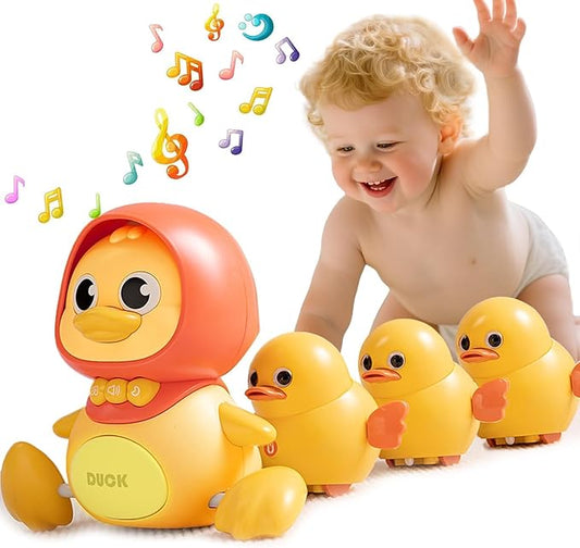 JUYEE Baby Crawling Toys Set of 4 - Magnetic Ducks Family for Infants 6-9-12 Months, Tummy Time Toys with Music & Lights, 1st Birthday Gift for Boys and Girls(4-Pack)