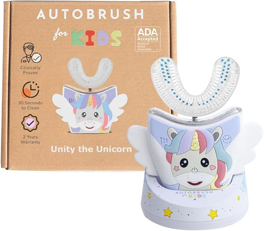 autobrush Kids U Shaped Electric Toothbrush, ADA Accepted, Sonic Pro with Unique 360° Nylon Bristles 3 Cleaning Modes,Whitening LED-Lights,Plays Music (Double-Sided),Ages 6-8, Unicorn