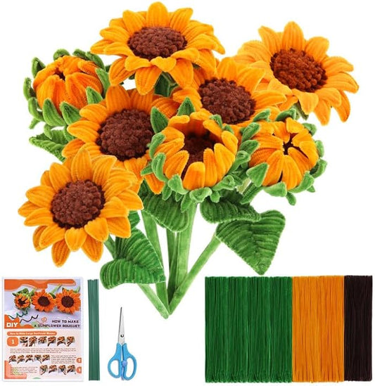 UzecPk 690PCS Orange Pipe Cleaners, Christmas Chenille Stems Pipe Cleaners, Sunflower Pipe Cleaner Flowers Kit with Instructions, Pipe Cleaners Bulk Set for DIY Art and Craft Decorations- 8 Flowers