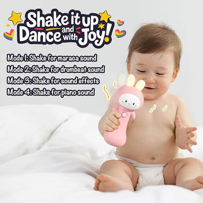 VKTEN Bunny Baby Rattle Toy with Light & Sound – Interactive Teething & Sensory Toy – Ideal Easter Basket Stuffer for Baby 3-24 Months
