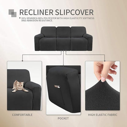 Easy-Going 8 Pieces Microfiber Stretch Sectional Recliner Sofa Slipcover Soft Fitted Fleece 3 Seats Couch Cover Washable Furniture Protector with Elasticity for Kids Pet(Recliner Sofa, Dark Gray)