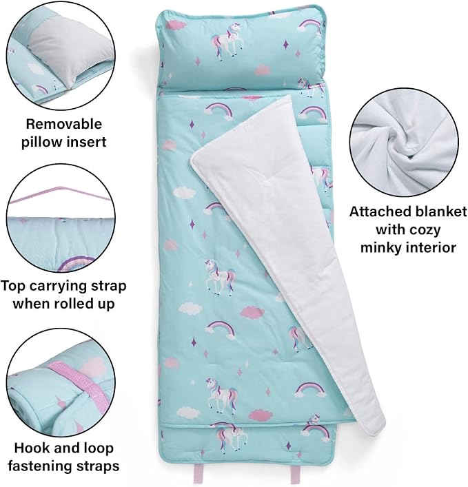 Delta Children Nap Mat - Includes Pillow & Blanket for Toddlers and Kids; Features Carry Handle w/Strap Closure and Name Tag; Rollup Design is Ideal for Preschool and Daycare; Personalization Optional