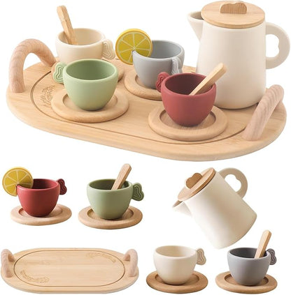 Tea Party Set for Kids, Wooden Tea Set for Little Girls and Boys, Kids Play Kitchen Accessories Toy Dishwasher Safe Tea Set for Toddler, Pretend Play Toddler Tea Set Ideal Christmas Birthday Gift