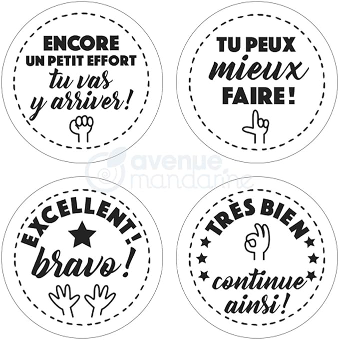 Avenue Mandarine - Ref CO157C - Appreciation Stamps (Set of 4) - Solid Quality Wooden Stamps with Positive Messages for Parents and Teachers to Add to Children's Work - Pack 1