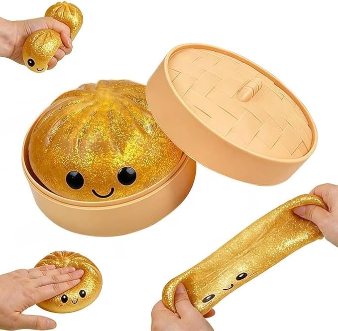 Dumpling Squishies, Glitter Dumpling, Glitter Dumplings Squishy with Box, Dumplings Sensory Squeeze Toy for Stress Relief Stretchy Desk Toys (Gold)