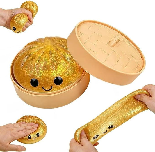 Dumpling Squishies, Glitter Dumpling, Glitter Dumplings Squishy with Box, Dumplings Sensory Squeeze Toy for Stress Relief Stretchy Desk Toys (Gold)