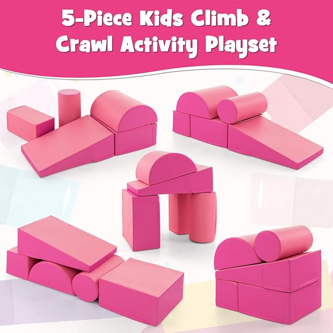 HONEY JOY 5-Piece Climb and Crawl Playset, Soft Climbing Foam Block Activity Play Structure Gym Equipment for Infant Baby, Color Coordination, Waterproof Indoor Climbing Toys for Toddlers (Pink)