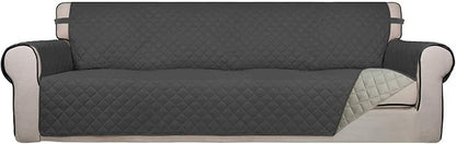 PureFit Reversible Quilted Sofa Cover, Water Resistant Slipcover Furniture Protector, Washable Couch Cover with Non Slip and Elastic Straps for Kids, Dogs, Pets (XX Large, Dark Gray/Beige)