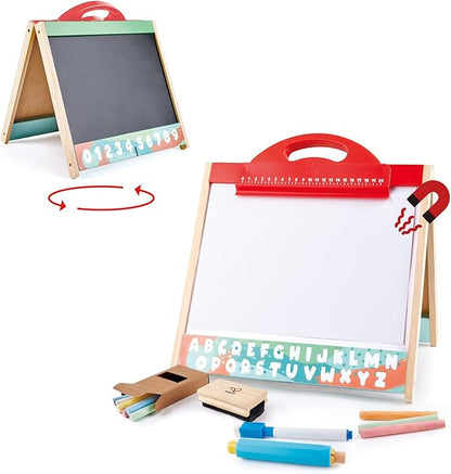 Hape 3 in 1 Tabletop 2 Sided Standing Artwork Easel Blackboard and Magnetic Erasable Whiteboard w/ 10 Chalk Colors & 2 Marker Pens, for Ages 3 and Up