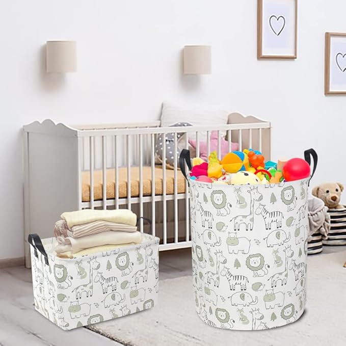 CLOCOR Baby Laundry Basket,Collapsible Kids Toys Storage Baskets,Nursery Hamper for Boys and Girls,Jungle Bedroom Decor,Gift Basket（Green Animals
