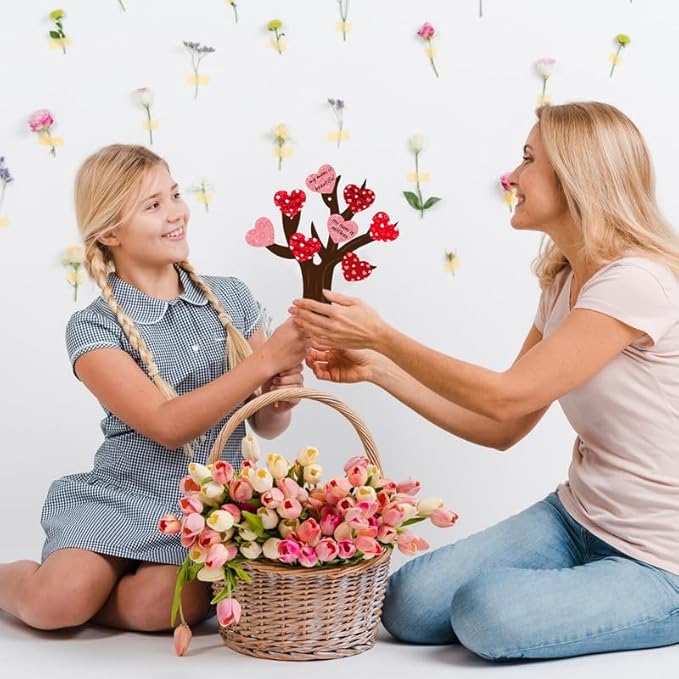 Haooryx Valentine’s Paper Craft Kits - 24-Piece Valentine’s Day Heart Tree Craft Kit DIY Hanging Ornaments with Heart Cards Red Ribbon Glue Points Kids' Classroom Activities Home Decor Exchange Gifts