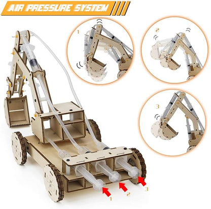 Mini Tudou 3D Wooden Construction Excavator Vehicle Toys Set, STEM Science Kit with Air Pressure System to Build A Wood Excavator Model Including 3 Replaceable Gripper & Digger for Kids Boys Girls