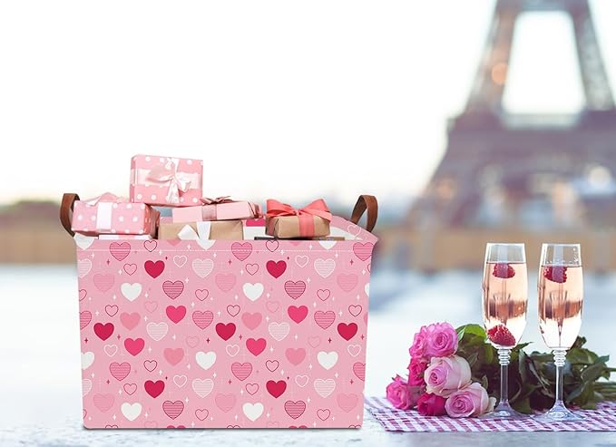 NTAOHAMPER Rectangular Storage Basket Empty,Collapsible Gift Basket with Handles,Heart Print Basket, Books Box,Room Decor(Love You Heart)