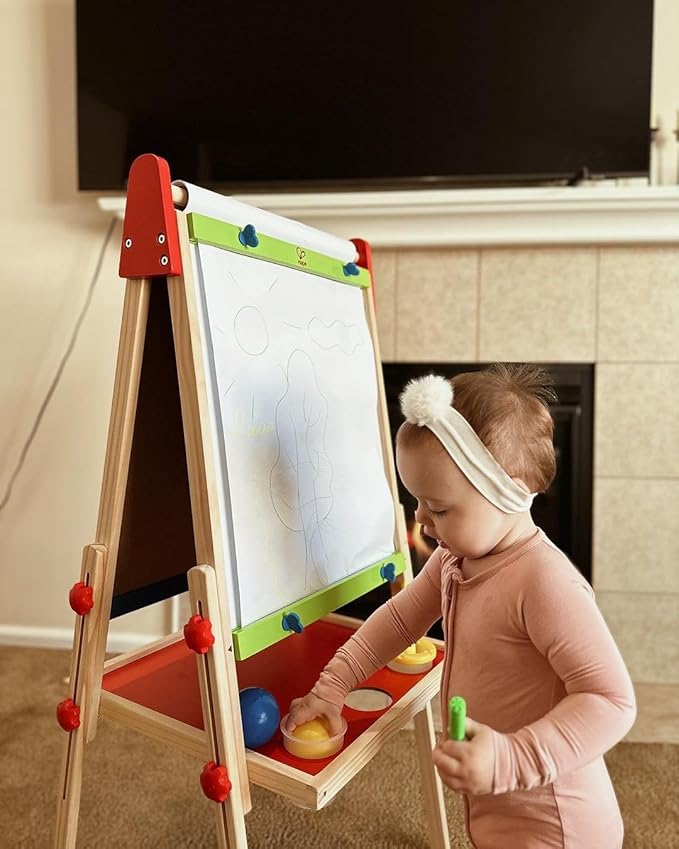 Hape E1010 Magnetic All in 1 Kids Height Adjustable Drawing Dry-Erase Chalkboard Wooden Artist Easel with 3 Paint Pots and Refillable Paper Roll