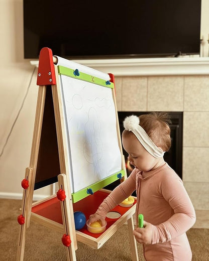 Hape E1010 Magnetic All in 1 Kids Height Adjustable Drawing Dry-Erase Chalkboard Wooden Artist Easel with 3 Paint Pots and Refillable Paper Roll