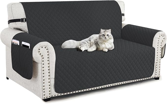 XINEAGE Loveseat Sofa Cover Waterproof Couch Covers for 2 Cushion Couch, Soft Washable Slipcover with Pockets & Non-Slip Elastic Straps, Thick Furniture Protector (Loveseat, Black)