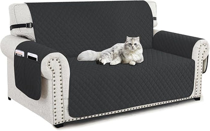 XINEAGE Loveseat Sofa Cover Waterproof Couch Covers for 2 Cushion Couch, Soft Washable Slipcover with Pockets & Non-Slip Elastic Straps, Thick Furniture Protector (Loveseat, Black)