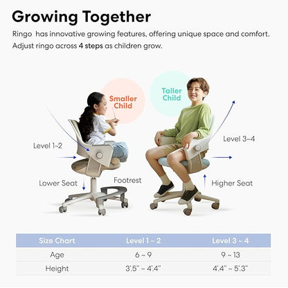 SIDIZ Ringo Kids Desk Chair : Ergonomic Kids Chair with Footrest, 4-Step Growing Function, Adjustable Seat Height, Sit-Locking Casters, Swivel Type Kids Chair (Soy Milk Beige Chair)