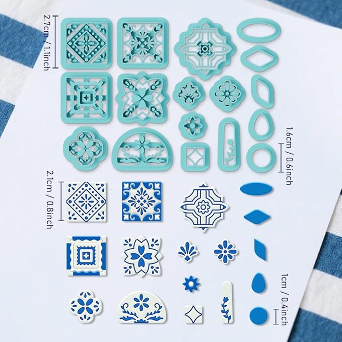ORIGACH 17 Pcs Portuguese Peranakan Tiles Polymer Clay Cutters, Mediterranean Flower Frame & Tiles Design Clay Cutters for Polymer Clay Jewelry Earrings with a Clear Storage Box