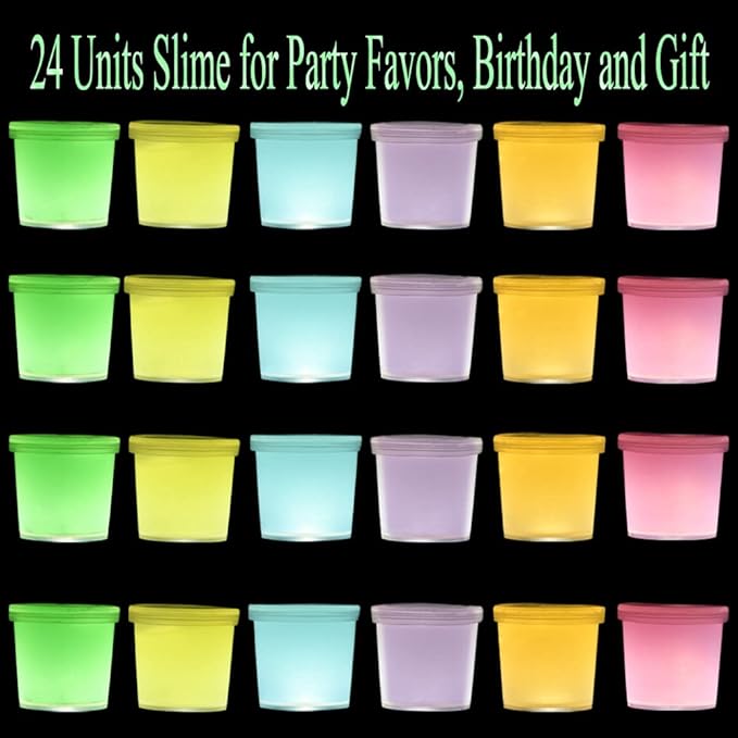 24 Pack Glow in The Dark Slime, Party Favors Slime, Crystal Galaxy Slime kit with Multi Colors - Blue, Pink, Yellow, Green, Orange and Purple Color, Birthday Gifts for Kids Girl and Boys