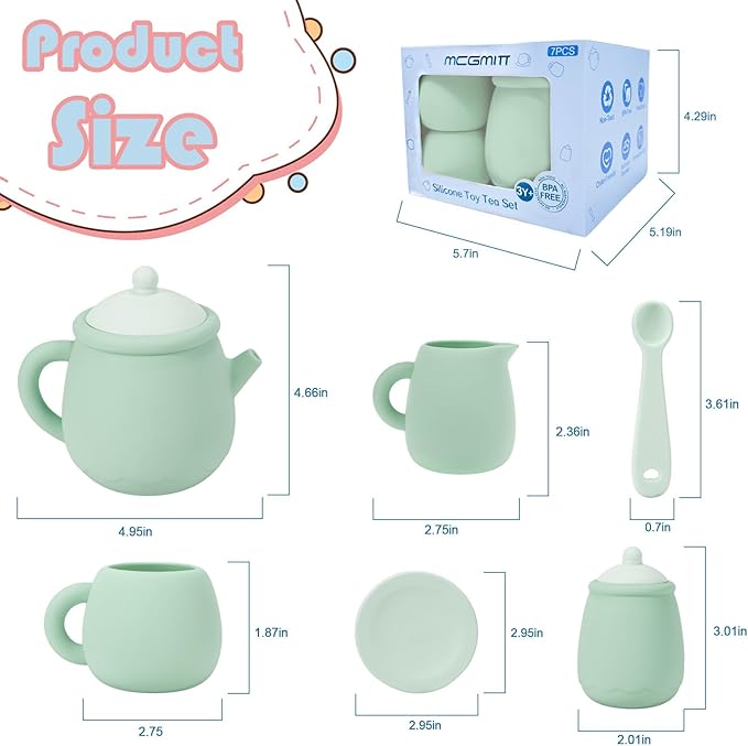 MCGMITT Silicone Tea Set, Tea Party Set for Little Girls Boys, 15 Pcs BPA Free Dishwasher Safe Pretend Tea Set for Toddlers Kids Age 3-6, Cute Toy Kitchen Accessories for Children Birthday Gifts