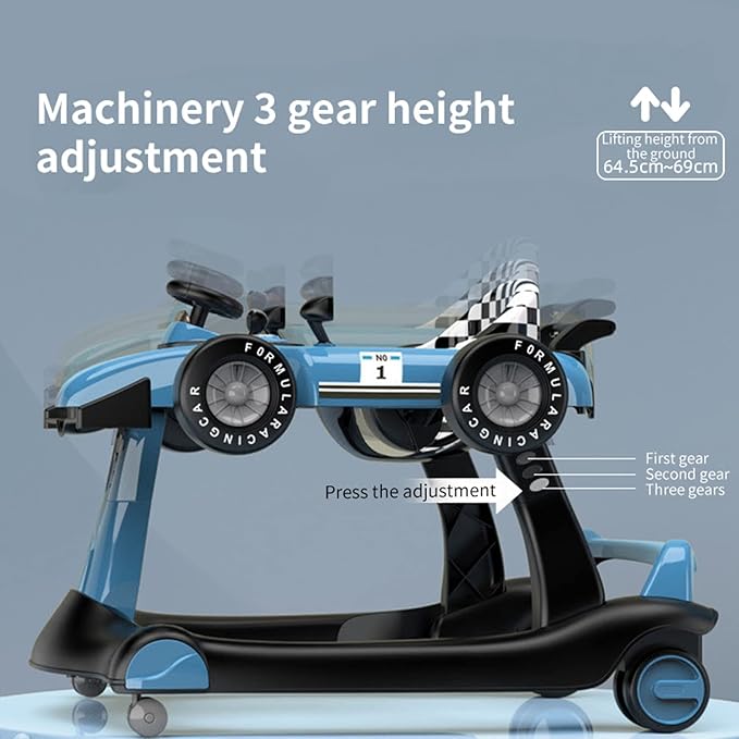 4-in-1 Baby Walker, Foldable Activity Walker with Adjustable Height & Speed, Music, Lights, Steering Wheel, Activity Baby Push Walker for Boys Girls Aged 6–18 Months (Blue)
