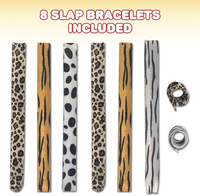 ArtCreativity Animal Print Slap Bracelets for Kids, Set of 8, Assorted Slap Bands with Zebra, Cheetah, Tiger, and Cow Prints, Zoo, Safari, and Animal Birthday Party Favors and Goodie Bag Fillers