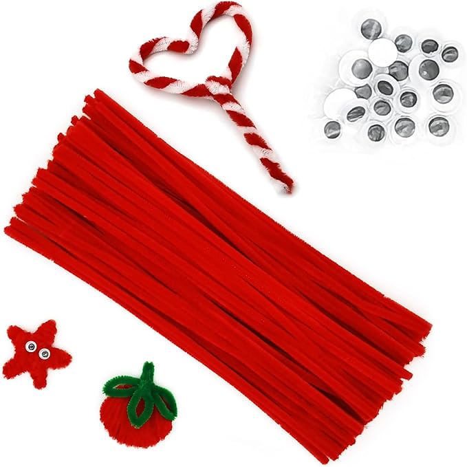 Cldamecy 100 pcs Red Pipe Cleaners with 20 pcs Googly Eyes,Chenille Stems for Craft Project,Craft Pipe Cleaners for DIY Projects,Arts and Holiday Decoration